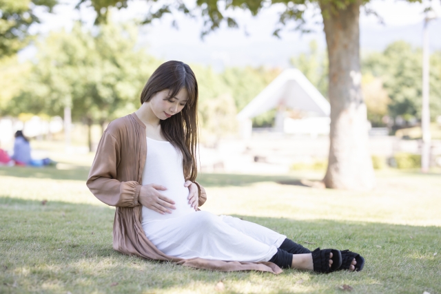 芝生に座る妊婦さん